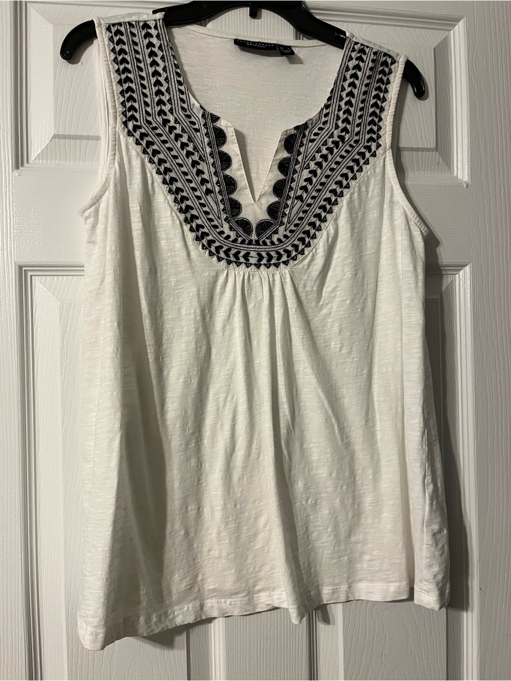 Susan Graver White Sleeveless Tank with Black Embroidered Yoke